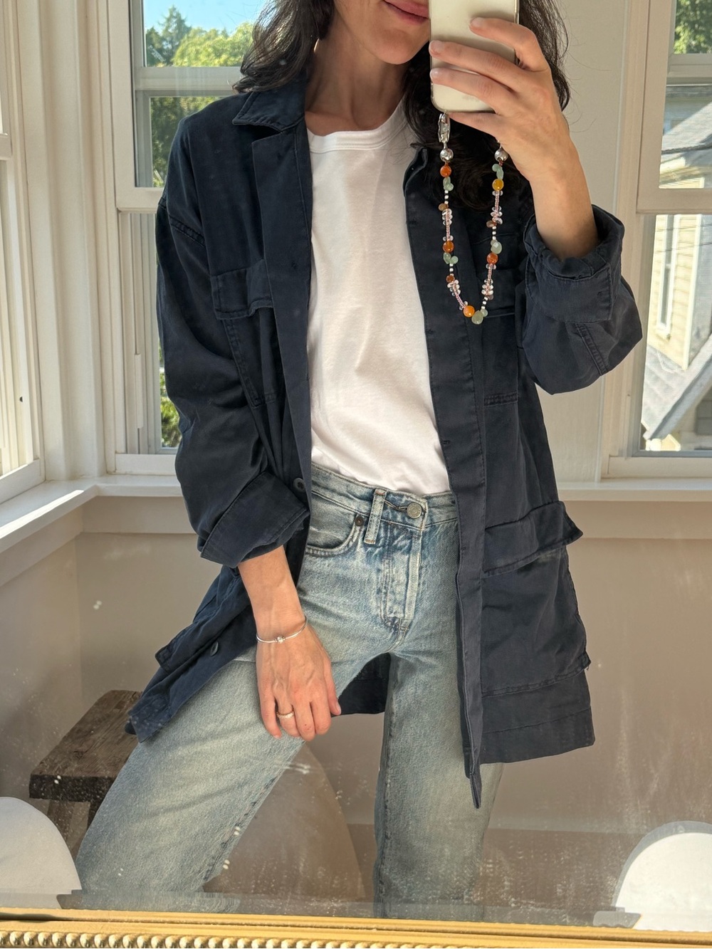 Linen & Cotton Military-Inspired Field / Chore Jacket in Slate Blue (S)